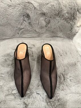 INC International Concepts Black Fishnet Mesh Pointed Toe Mules Heels 7M